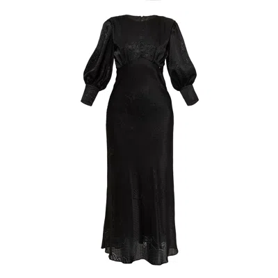 Nissa Puff-sleeve Midi Dress In Black