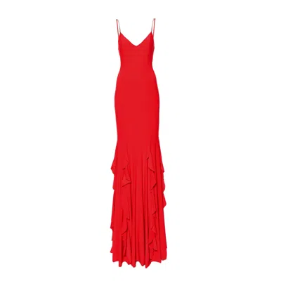 Nissa Women's Red Ruffle-detailing Chiffon Maxi Dress