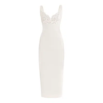 Nissa Women's White Lace-detail Crepe Midi Dress