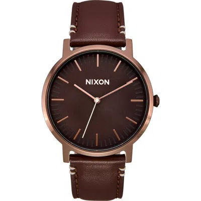 Nixon Porter Round Leather Strap Watch, 40mm In Burgundy
