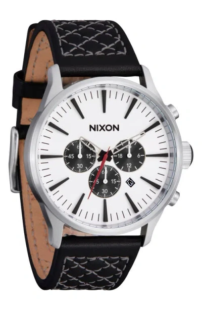 Nixon Sentry Chronograph Leather Strap Watch, 42mm In Chrome/cloud Sunray/black