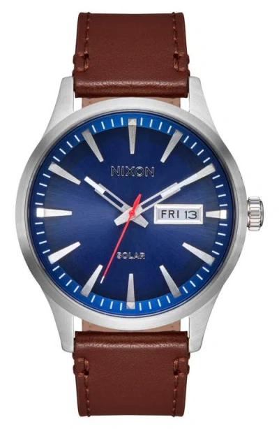 Nixon Sentry Solar Leather Strap Watch, 40mm In Navy Sunray/silver