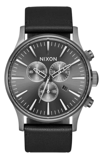 Nixon The Sentry Chronograph Leather Strap Watch, 42mm In Black