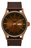 Nixon The Sentry Leather Strap Watch, 42mm In Bronze/black