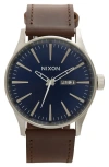 Nixon The Sentry Leather Strap Watch, 42mm In Brown/blue