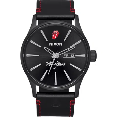 Nixon X Rolling Stones Sentry Leather Strap Watch, 42mm In All Black