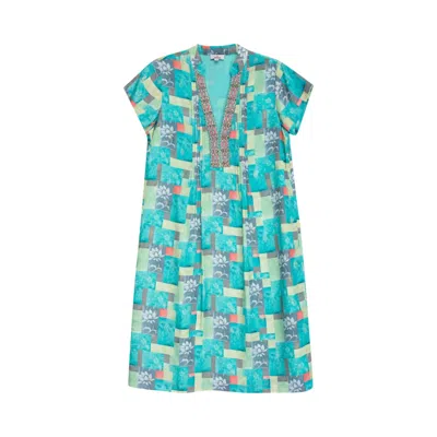 Niza Blue Romantic Women Blouse With Floral Print And Short Ruffled Sleeves In Green