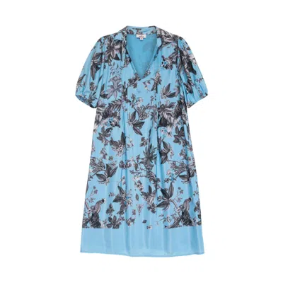 Niza Blue Women Short Dress With V-neck And Wide Printed Sleeves