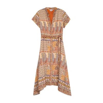 Niza Brown Women Printed Short Sleeved Blouse With Adjustable Belt In Multi