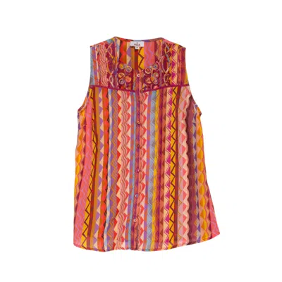 Niza Red Women Striped Blouse With Lace-up Neckline And Long Sleeves In Multi