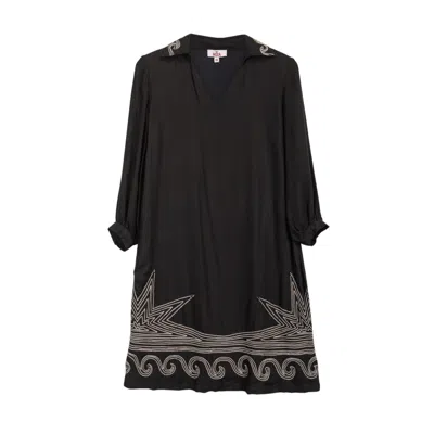 Niza Women's Black Bruna Dress Embroidered Leaves