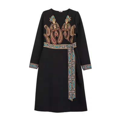 Niza Women's Black Midi Dress With V-neckline And Borders