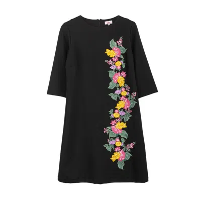 Niza Women's Black Short Camila Dress Embroidered With Flowers