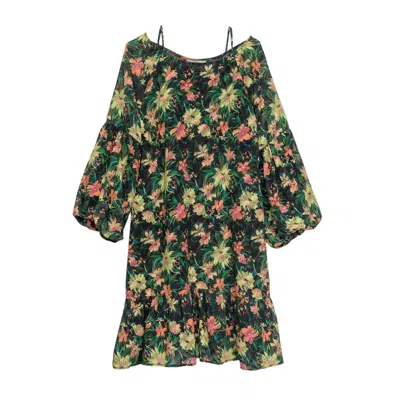 Niza Women's Black Short Dress With Ruffle And Puffed Sleeves