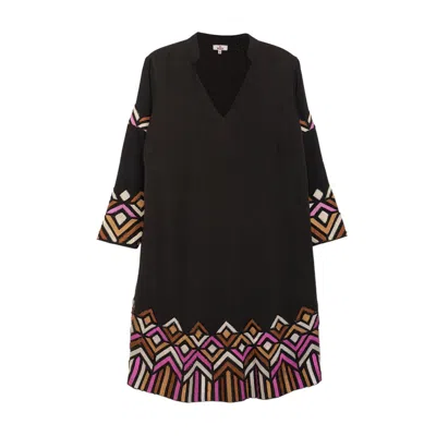 Niza Women's Black Short Dress With Zig Zag Embroidery