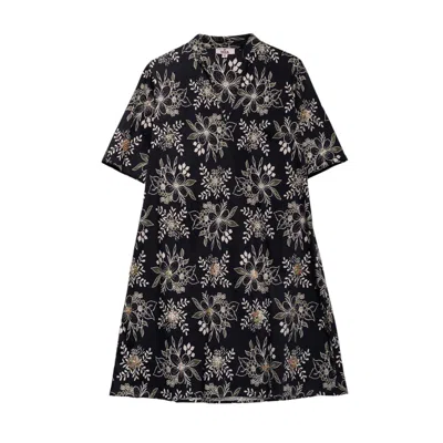 Niza Women's Black Short Flared Dress With Embroidery