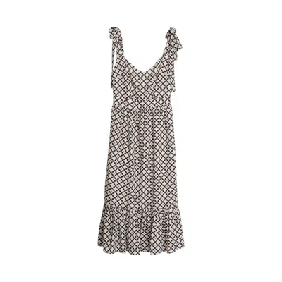 Niza Women's Black Tropez Printed Midi Dress With Ruffled Hem And Sweetheart Neckline