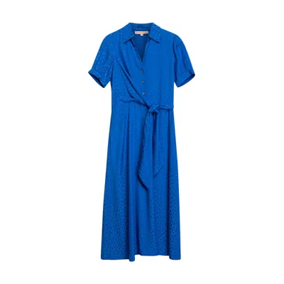 Niza Women's Blue Dijon Wrap Midi Dress With Shirt Collar And Bow