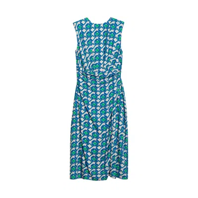 Niza Women's Blue Eda Printed Midi Dress With Round Neckline And Shoulder Pads