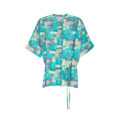Niza Women's Blue Flowy Blouse With A Multicolored Geometric Print