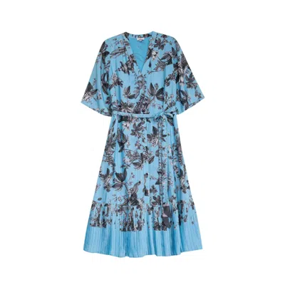 Niza Women's Blue Flowy Maxi Dress With V-neck And Matching Belt