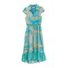 Niza Women's Blue Honeycomb Midi Dress With Mixed Prints In Blue
