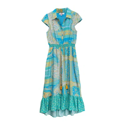 Niza Women's Blue Honeycomb Midi Dress With Mixed Prints