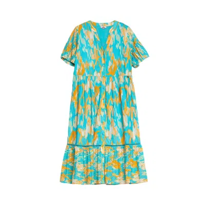Niza Women's Blue Long Dress With Panels And Perforated Cotton