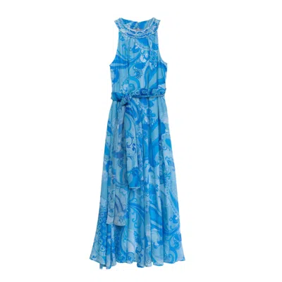 Niza Women's Blue Long Halter Dress With Round Neck