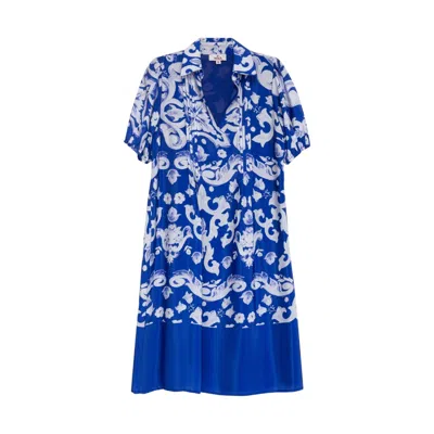 Niza Women's Blue Long Printed Dress With Round Neckline