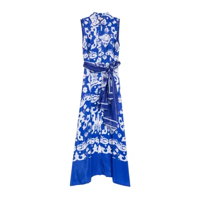 Niza Women's Blue Long Printed Dress With Short Gathered Sleeves