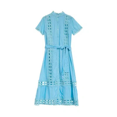 Niza Women's Blue Long Printed Dress With Short Puff Sleeves And Belt