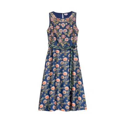 Niza Women's Blue Printed Midi Dress With Three-quarter Sleeves And Belt