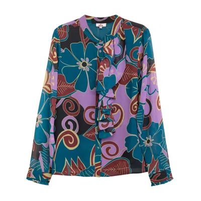 Niza Women's Blue Round Neck Shirt With Ruffle