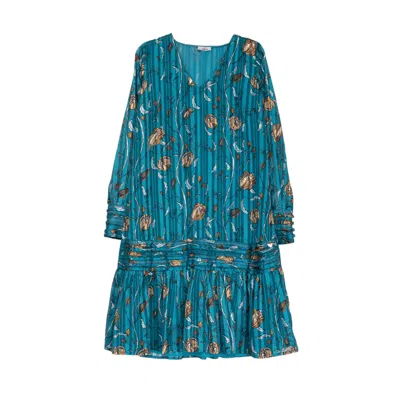 Niza Women's Blue Short Dress With Long Sleeves With Floral Print