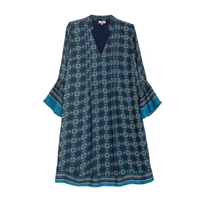 Niza Women's Blue Short Dress With Pleated And Long Sleeves