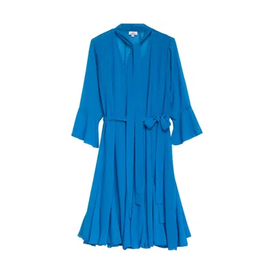 Niza Women's Blue Short Dress With V-neck Three-quarter Sleeves And Belt