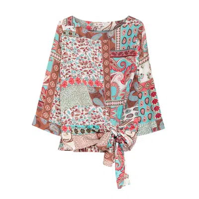 Niza Women's Blue / White / Red Blouse With Boat Neck And French Sleeve Multi Patch