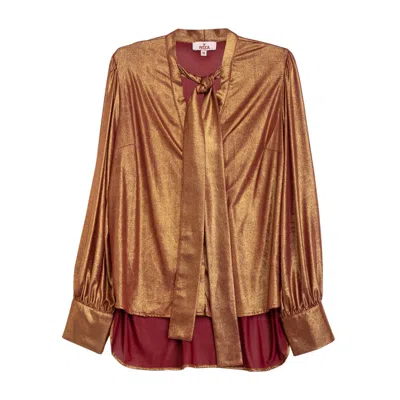 Niza Women's Brown Metallic Lace Sleeve Shirt With Metallic Lacing