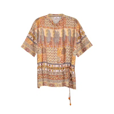 Niza Women's Brown Midi Shirt Dress With Geometric Print And Fringe In Multi
