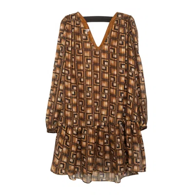 Niza Women's Brown Short Dress With Ruffle And Metallic Rubber