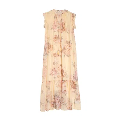 Niza Women's Brown Sleeveless Short Dress With Floral Print And Knotted Belt