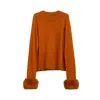Niza Women's Brown Sweater With Sleeves Finished With A Wide Synthetic Fur Cuff In Orange