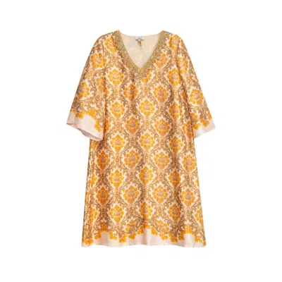 Niza Women's Gold Sleeveless Maxi Dress With Floral Print And A-line Skirt