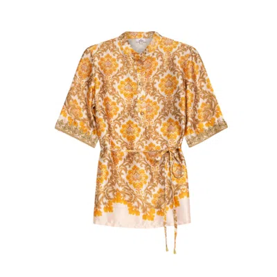 Niza Women's Gold Sleeveless Short Dress With Floral Embroidery And Belt