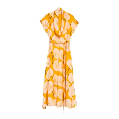 Niza Women's Gold Straight Midi Dress With V-neck And Floral Embroidery