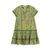 Niza Women's Green / Pink / Purple Printed Leaf Dress With Metallic Thread Indiana