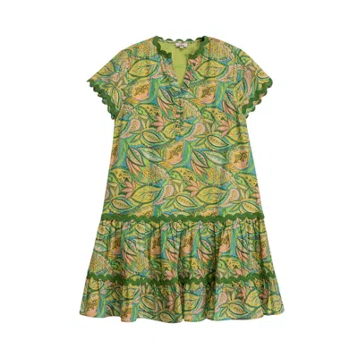 Niza Women's Green / Pink / Purple Printed Leaf Dress With Metallic Thread Indiana