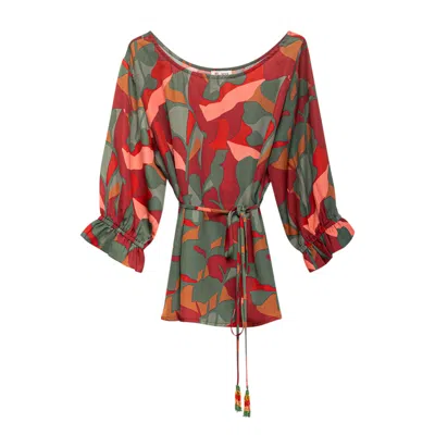 Niza Women's Green / Red Rinik Printed Boat Neck Blouse