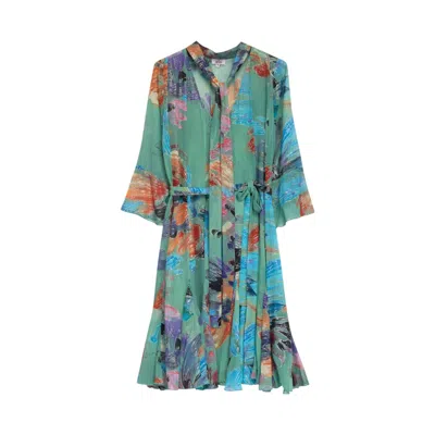 Niza Women's Green Short Printed Dress With Short Sleeves And Belt